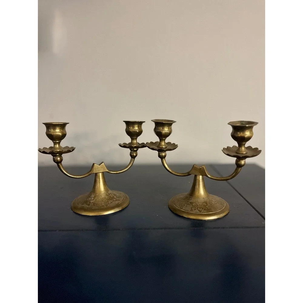 Vintage Brass‎ Candelabra Pair Ornate Floral Embossed China